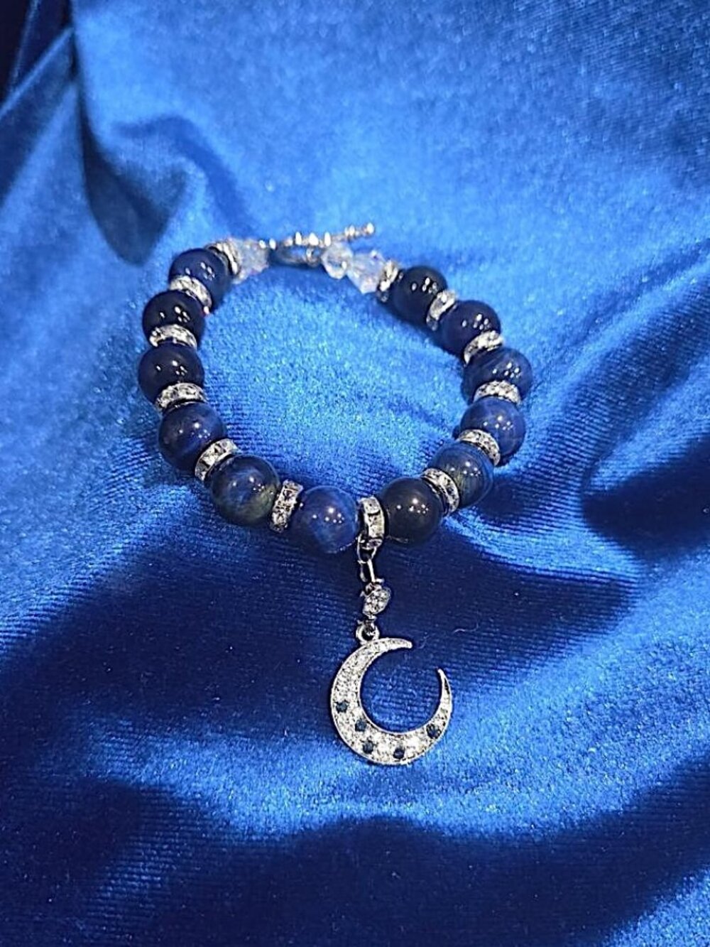 4U By Chelle Crystal & Lapis Lazuli Blue Tiger Eye Beads Moon Pendant Bracelet